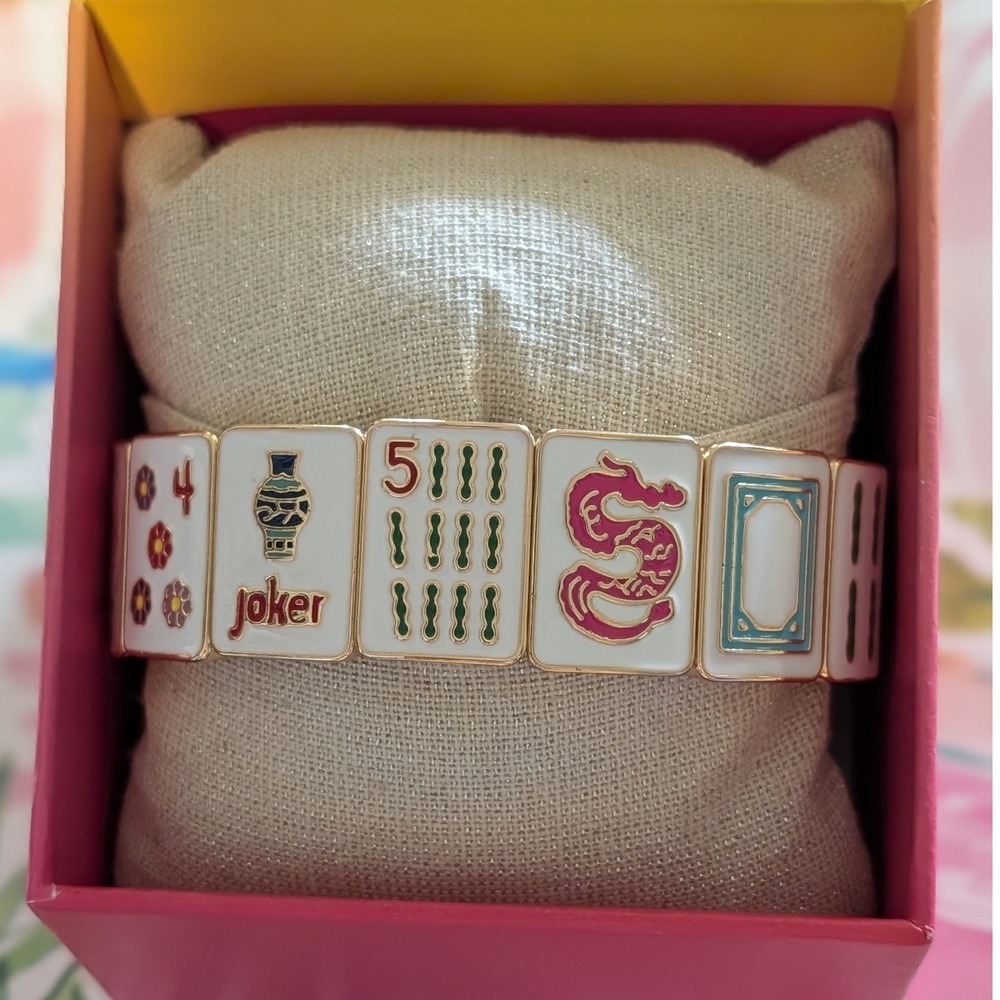 Piper K Mahjong Tile Stretch Bracelet Hand Painted Enamel Gold Tone NWT in Box
